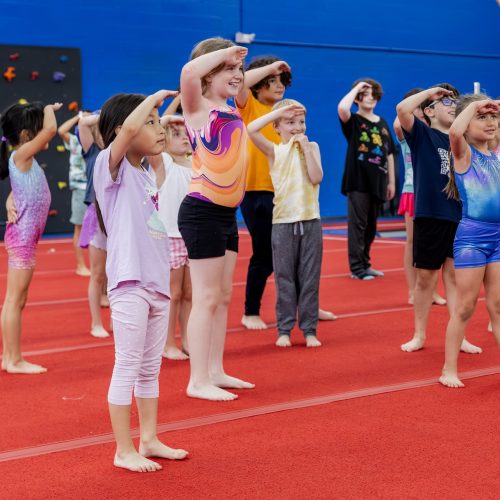 Kids in gymnastics class at Dominique Dawes Academy