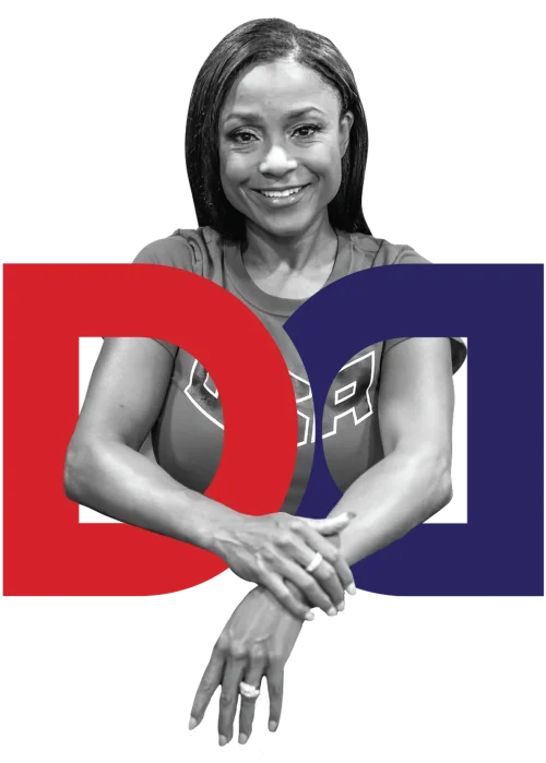 Dominique Dawes Academy Logo with Dominique in the middle